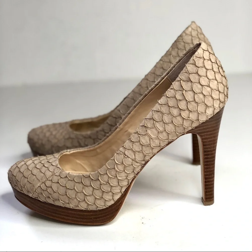 Calvin Klein Kendall fish skin textured scaly stilettos platform tan beige sand